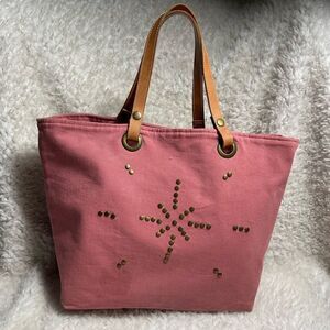 Ivahona Handmade Rustic Pink Canvas Tote Leather tan straps antique studs accent